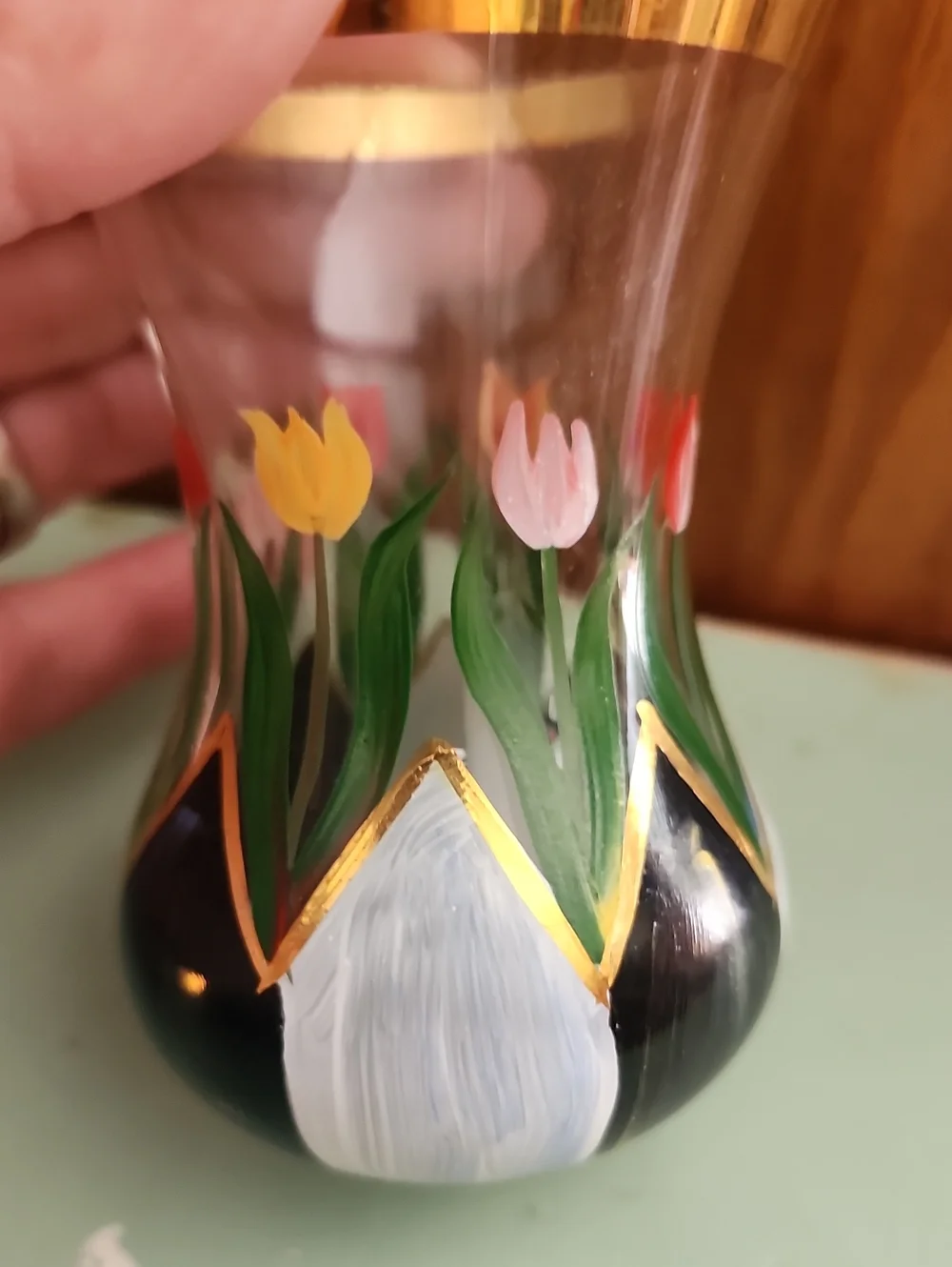 Mackenzie Childs Hand-Painted Tulip Tea Glass Vase with Gold Rim